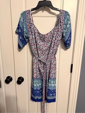 Skies Are Blue Pink and Blue Off-Shoulder Floral Mini Dress